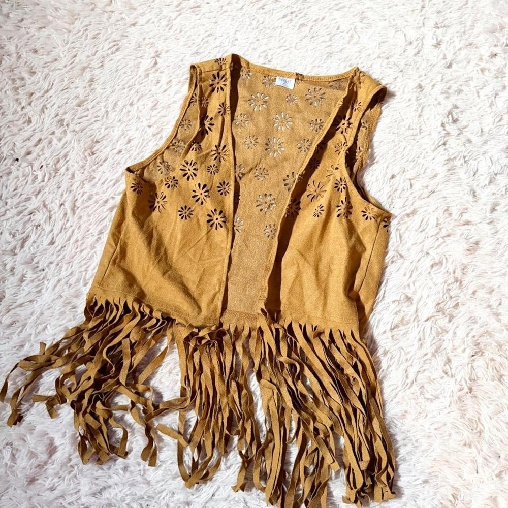 Faux Suede Hippie Fringe Floral Cutout Indie Costume Vest Womens S Halloween